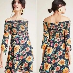 FARM Rio M Black Floral Off Shoulder Sasha Dress Smocked Bell Sleeve